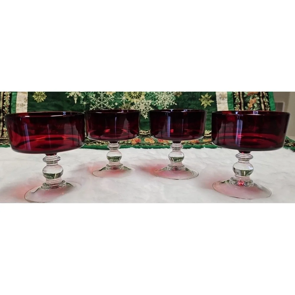 Vintage‎ Red Ruby Champagne Clear Ball Stem Glass Pair 